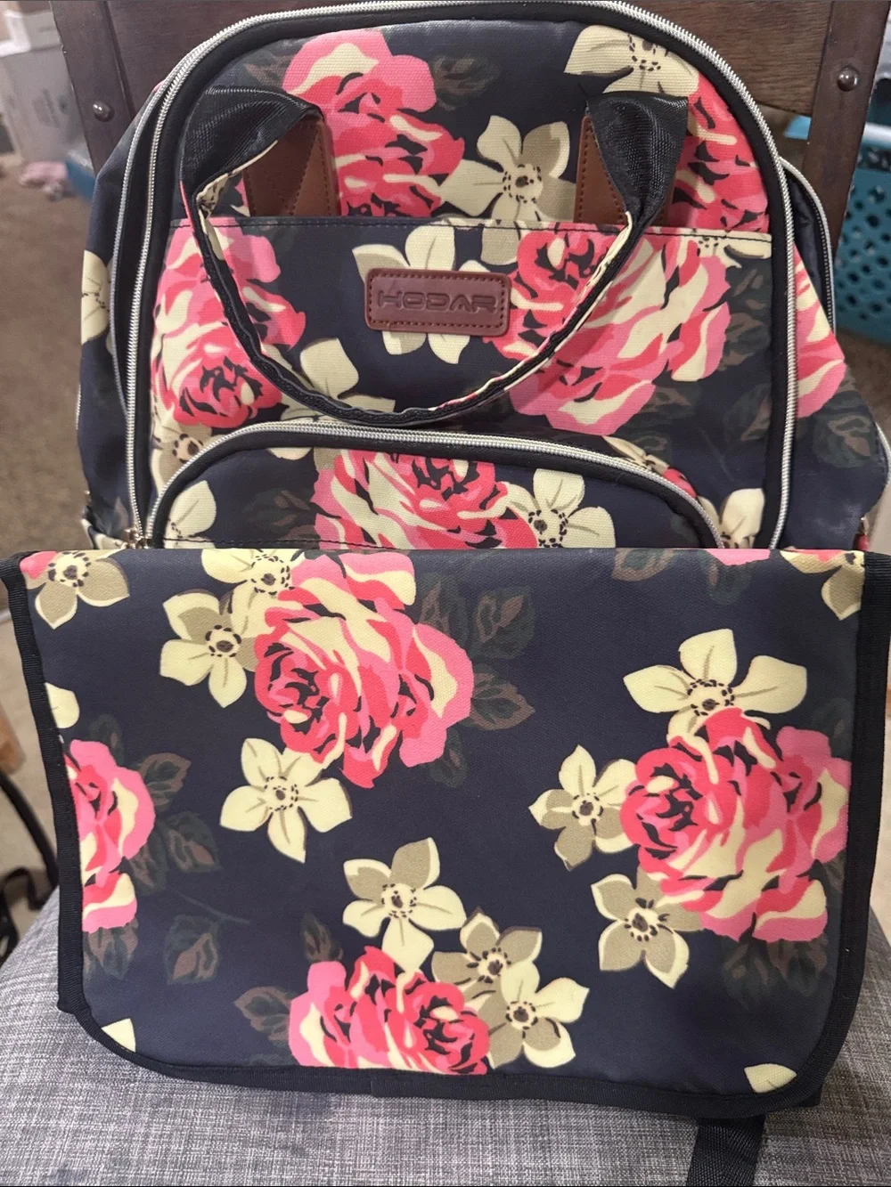 Floral Navy and Pink Baby Diaper Backpack